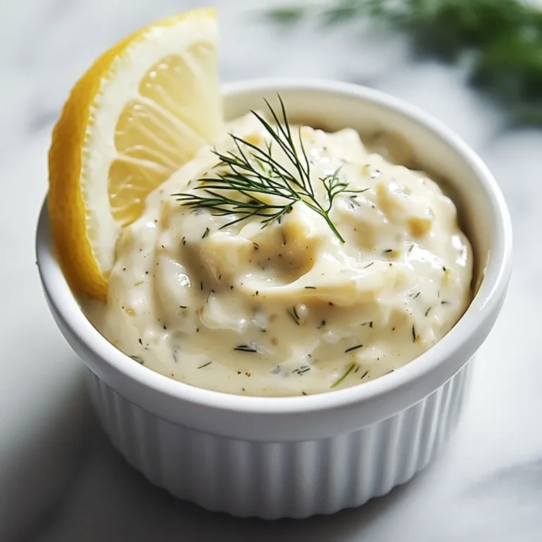 Freshly made copycat Hellmann’s tartar sauce in a white ramekin in a daylight kitchen with urban skyscraper views.
