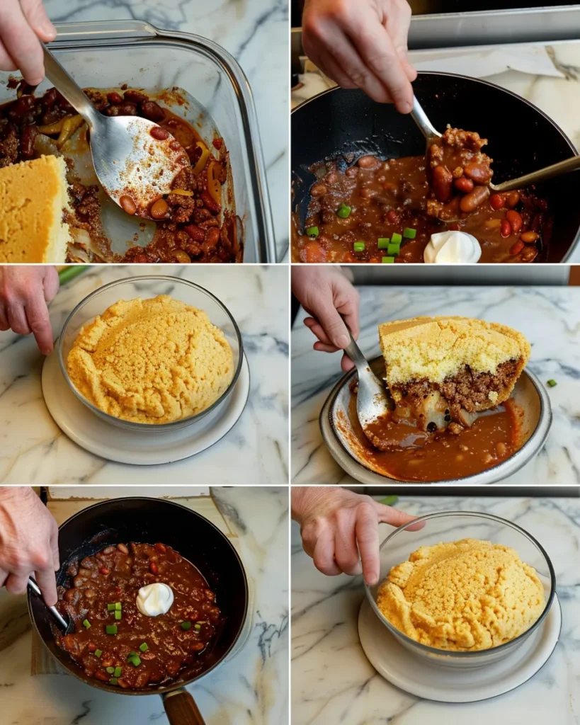 Top view of chili base cooking for cornbread topped chili pie from scratch in a modern daylight kitchen.