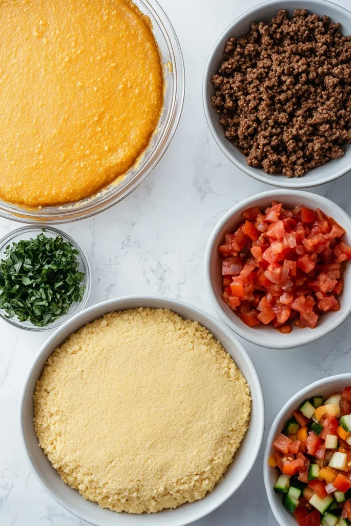 Collage of chili pie ingredients for cornbread topped chili pie from scratch in a white daylight kitchen with city view.