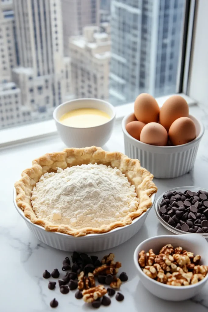 Collage of prepping ingredients for Kentucky Derby Pie in a white kitchen with daylight skyscraper view.