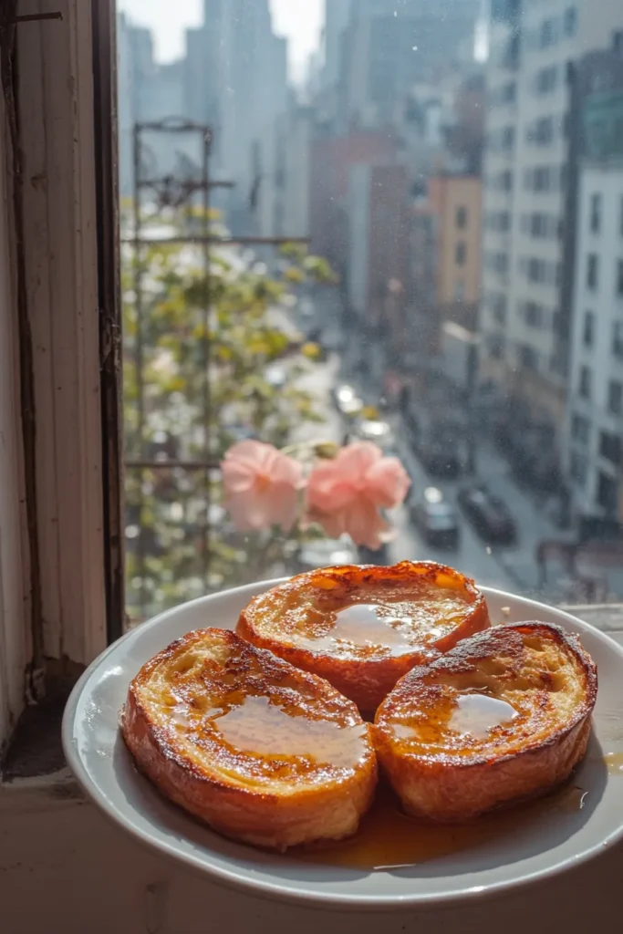 Macro French toast with honey in white kitchen, crispy texture with sunny apartment view of skyscrapers in background.