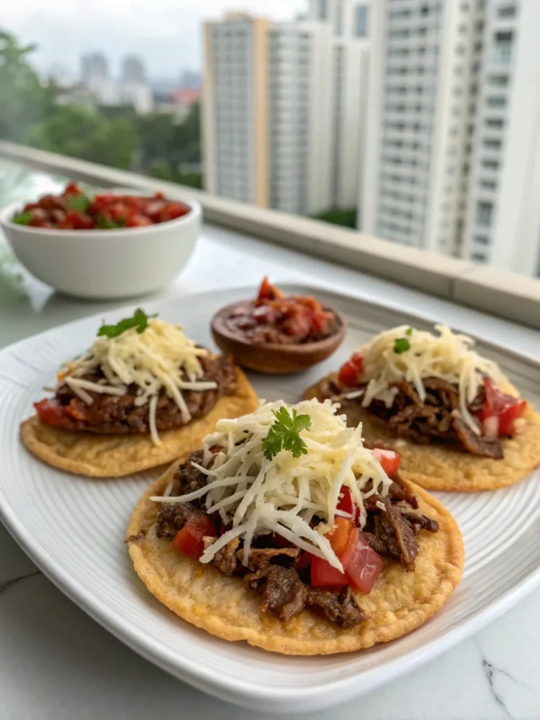 Guatemalan tostadas trio in white kitchen with skyscraper view, a vibrant display of appetizers in Guatemala in natural daylight.