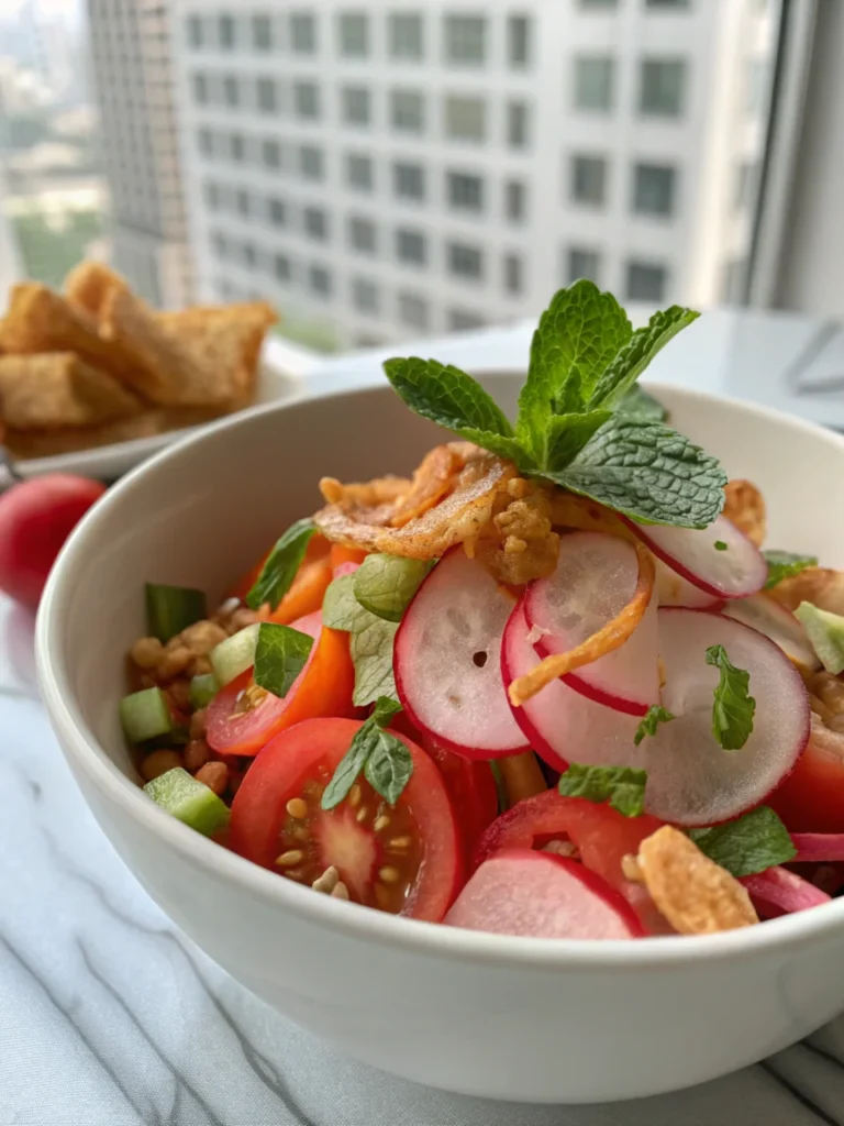 ChojĂn appetizer in Guatemala with radishes and pork rinds in daylight white kitchen, close-up macro with city skyline view.