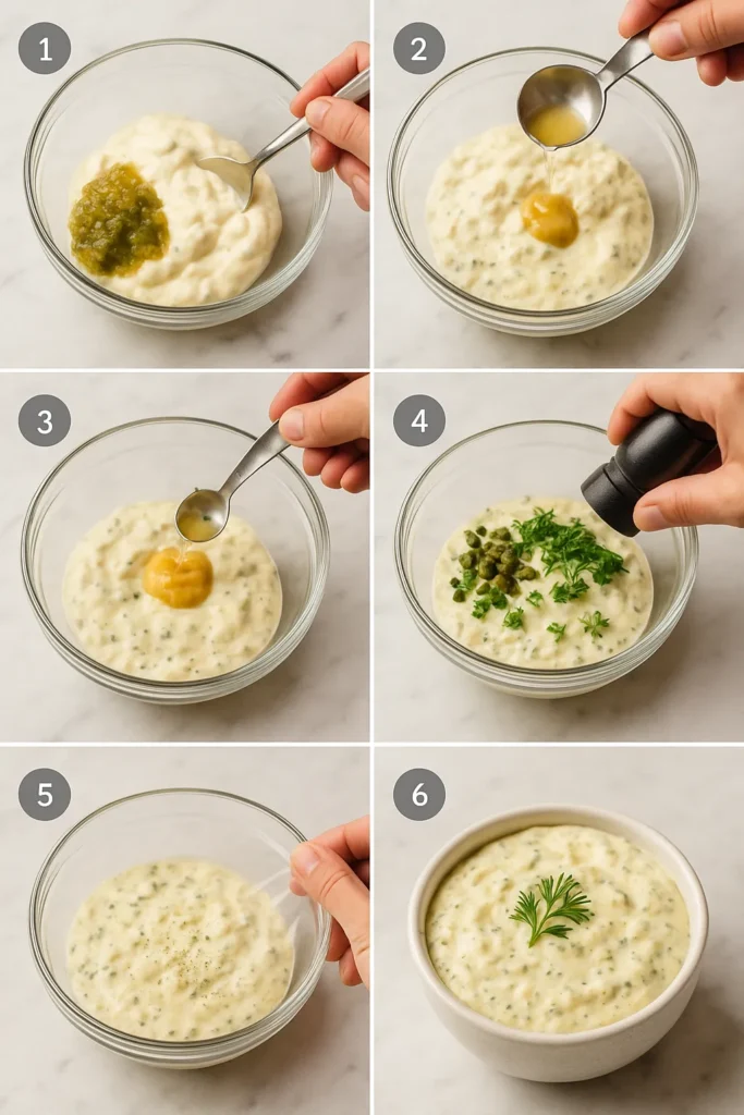 Mixing base ingredients for copycat Hellmann’s tartar sauce in a white kitchen with apartment skyscraper view and natural daylight.