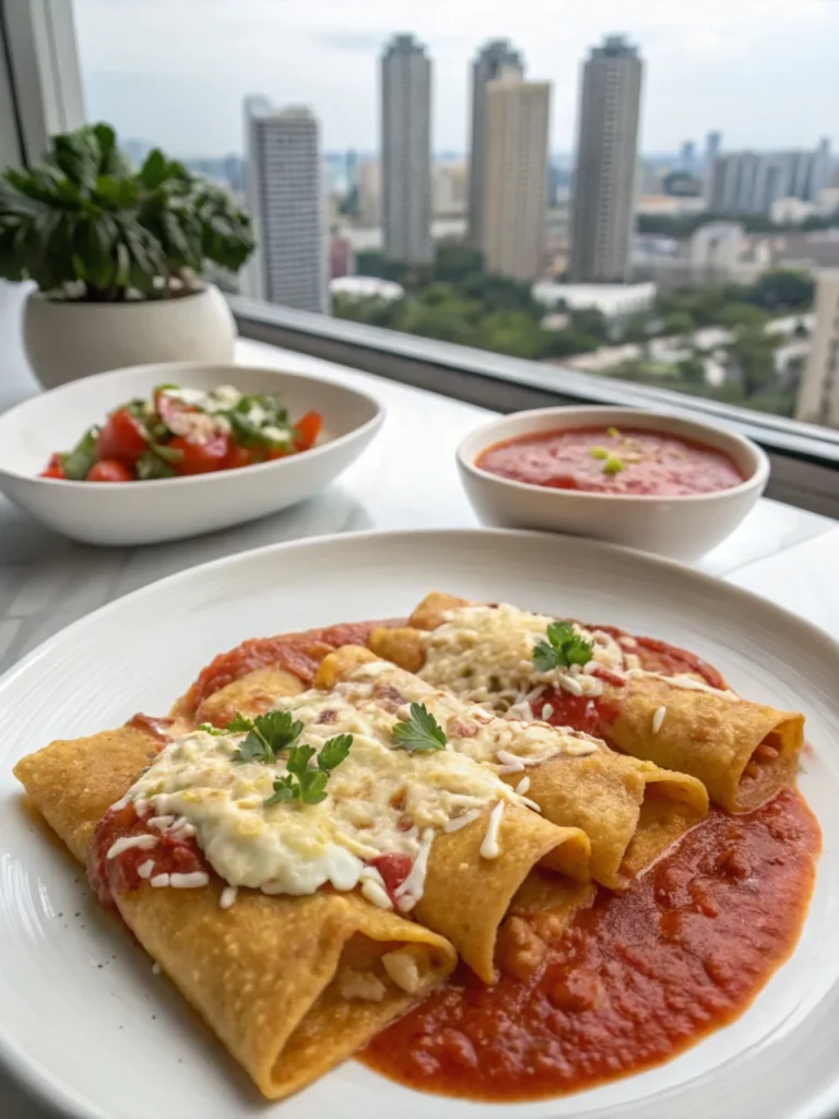 Chilaquilas appetizers in Guatemala served with recado sauce in white kitchen, top macro view with city skyscraper backdrop.