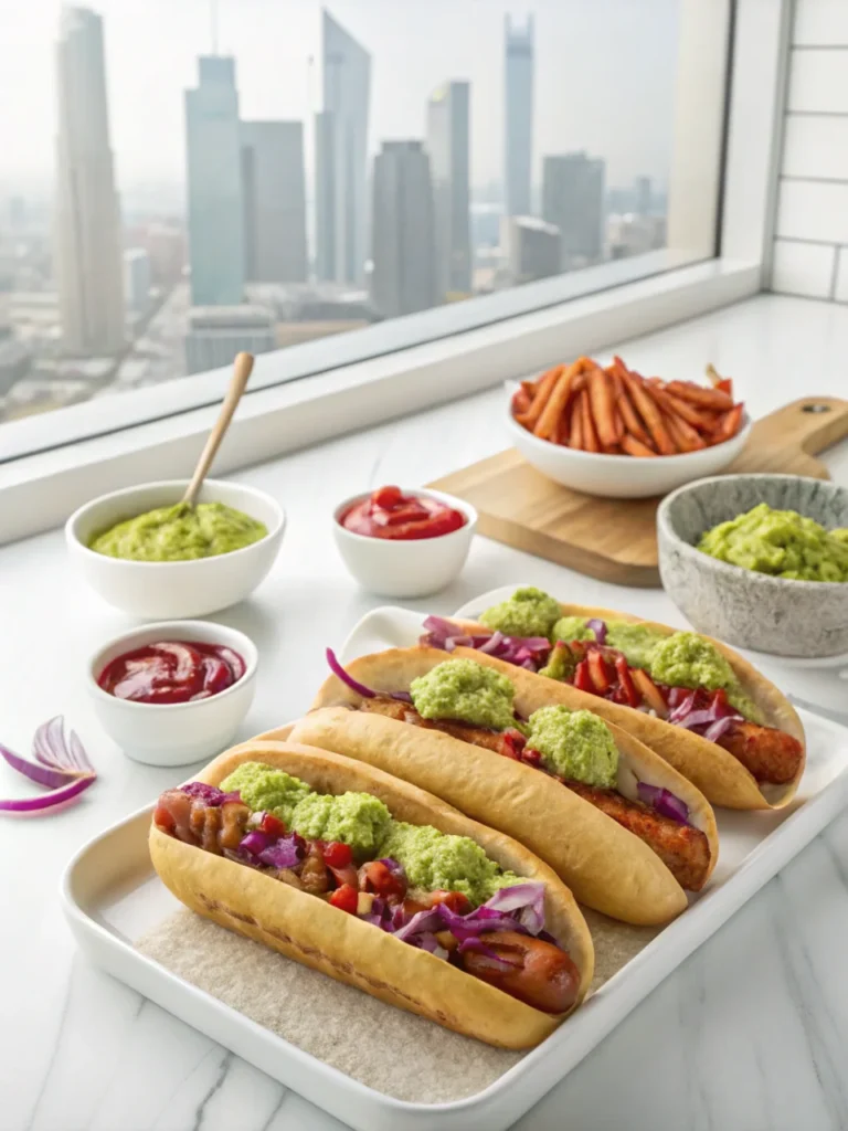 Guatemalan mixtas street-style appetizers in a bright kitchen with skyscraper apartment view, close-up of colorful toppings.