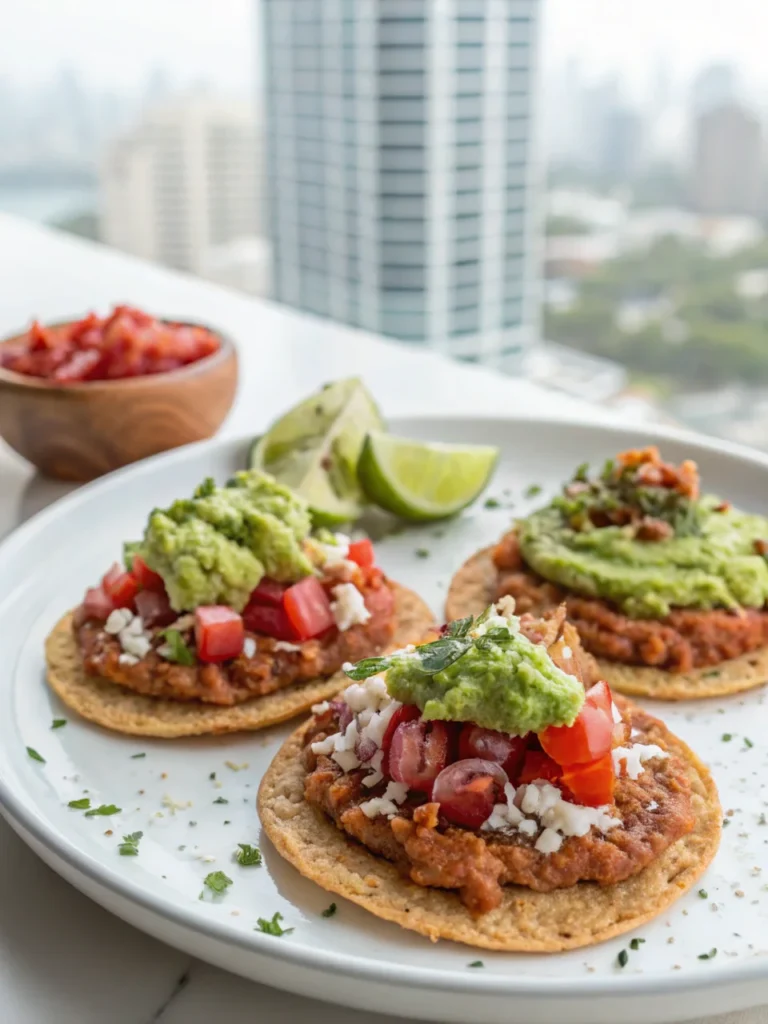 Garnachas appetizers in Guatemala shown in bright kitchen with skyscraper view, close-up top shot of crisp tortillas and toppings.