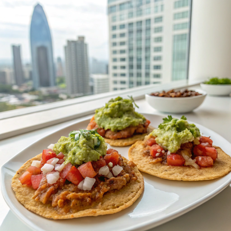 Guatemalan tostadas trio in white kitchen with skyscraper view, a vibrant display of appetizers in Guatemala in natural daylight.